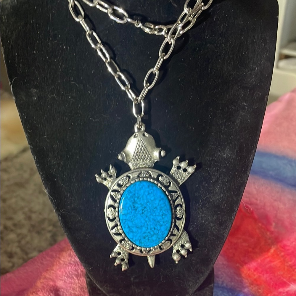 Sea Turtle Turquoise Pendant Statement Necklace W… - image 1